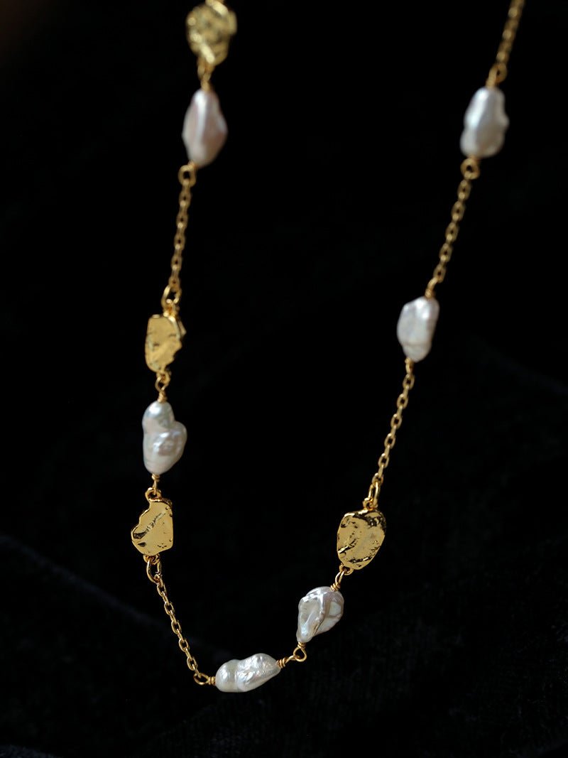 Irregular Freshwater Pearl & Hammered Gold Station Necklace - floysun