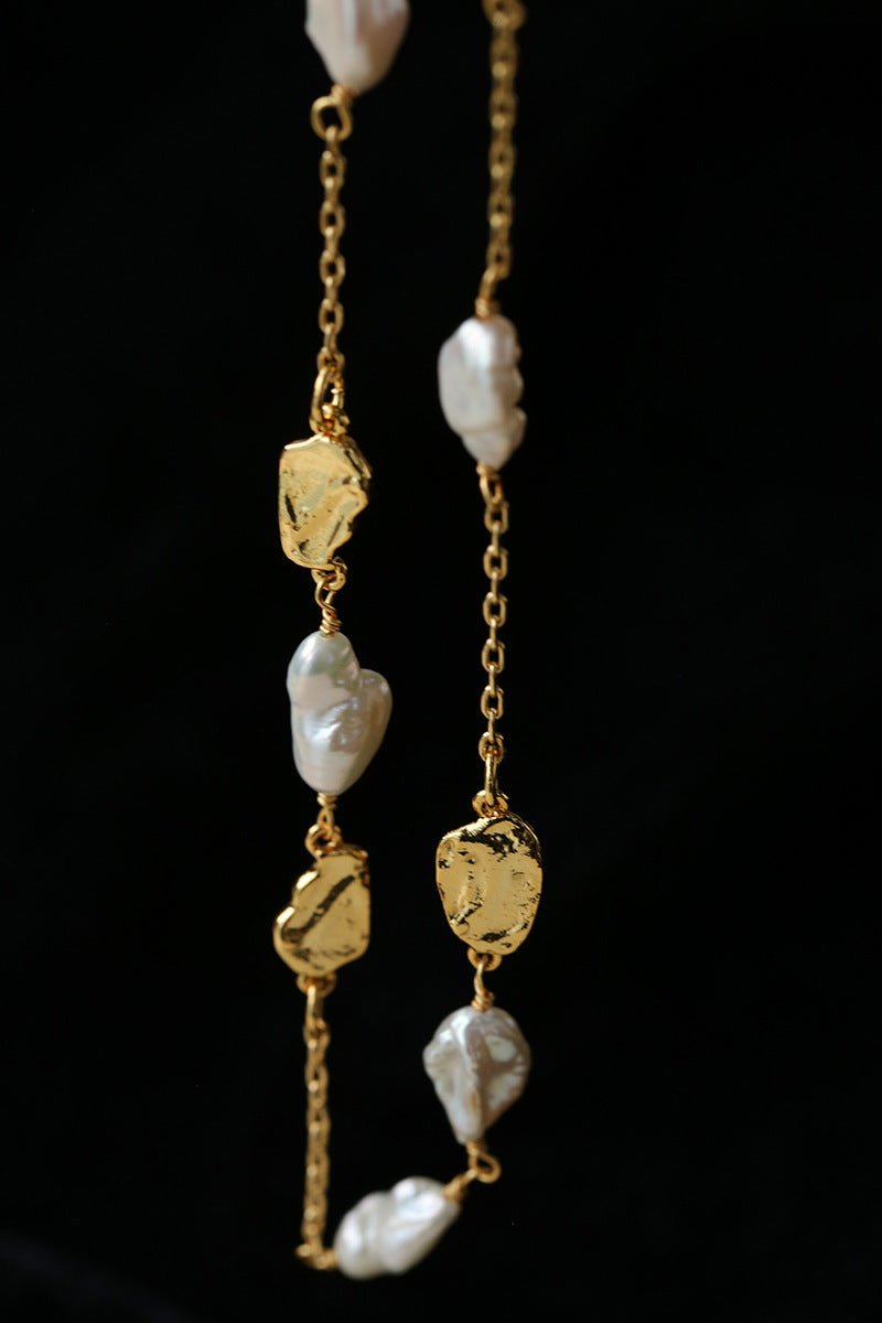 Irregular Freshwater Pearl & Hammered Gold Station Necklace - floysun