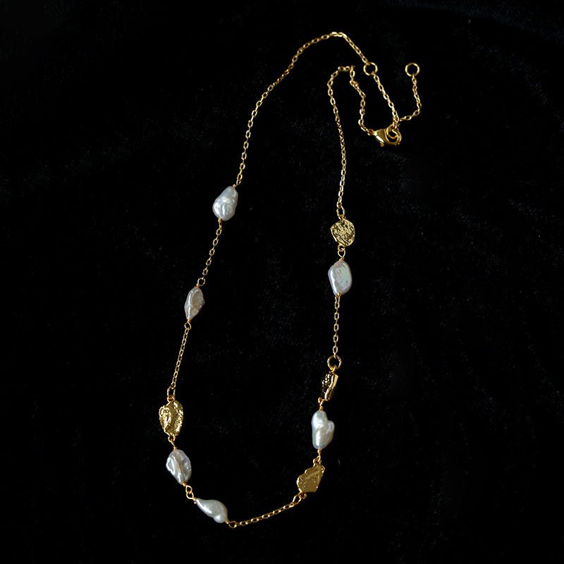 Irregular Freshwater Pearl & Hammered Gold Station Necklace - floysun