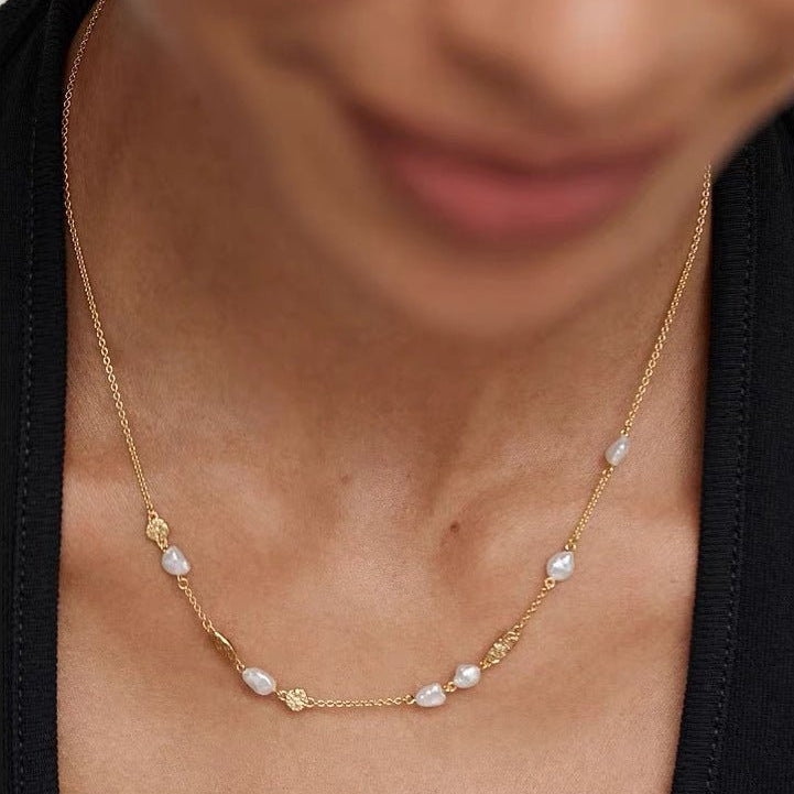 Irregular Freshwater Pearl & Hammered Gold Station Necklace - floysun