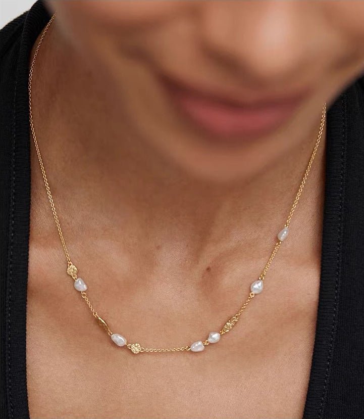 Irregular Freshwater Pearl & Hammered Gold Station Necklace - floysun