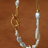 Irregular Freshwater Pearl & Paperclip Chain Toggle Necklace - floysun