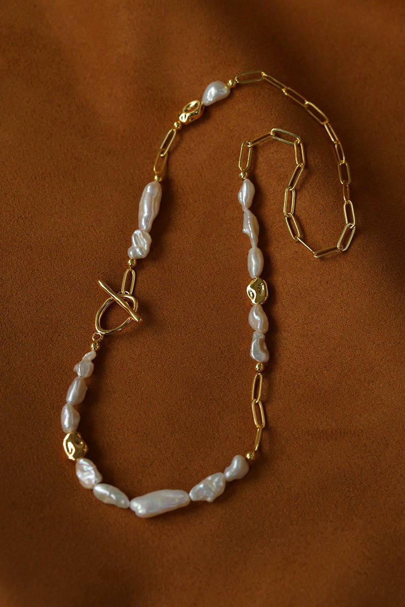 Irregular Freshwater Pearl & Paperclip Chain Toggle Necklace - floysun
