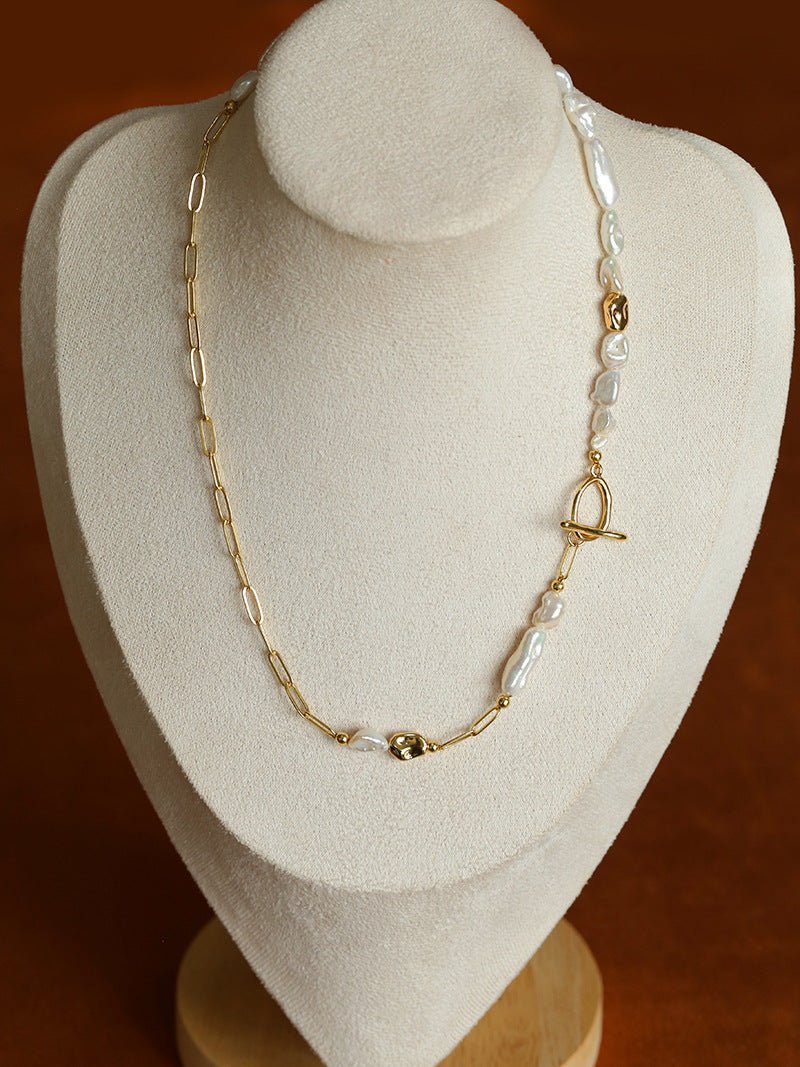 Irregular Freshwater Pearl & Paperclip Chain Toggle Necklace - floysun