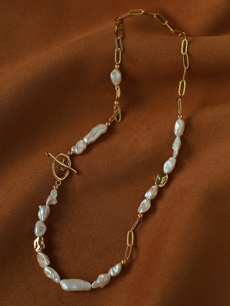 Irregular Freshwater Pearl & Paperclip Chain Toggle Necklace - floysun