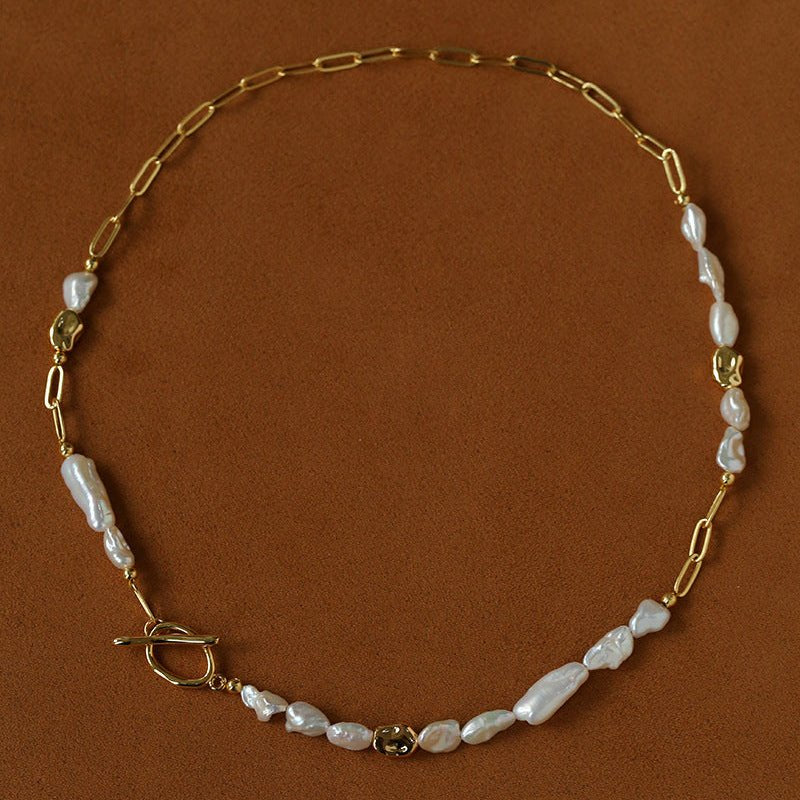 Irregular Freshwater Pearl & Paperclip Chain Toggle Necklace - floysun