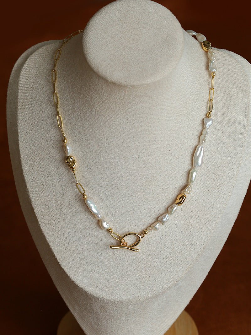 Irregular Freshwater Pearl & Paperclip Chain Toggle Necklace - floysun