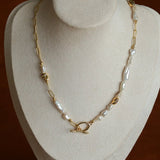 Irregular Freshwater Pearl & Paperclip Chain Toggle Necklace - floysun
