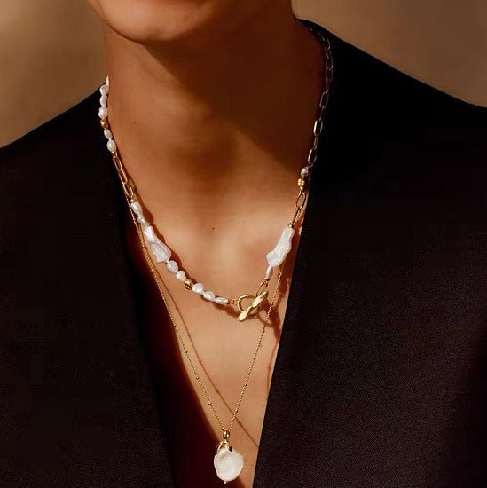 Irregular Freshwater Pearl & Paperclip Chain Toggle Necklace - floysun