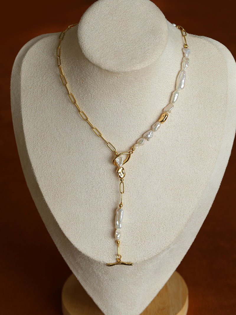 Irregular Freshwater Pearl & Paperclip Chain Toggle Necklace - floysun
