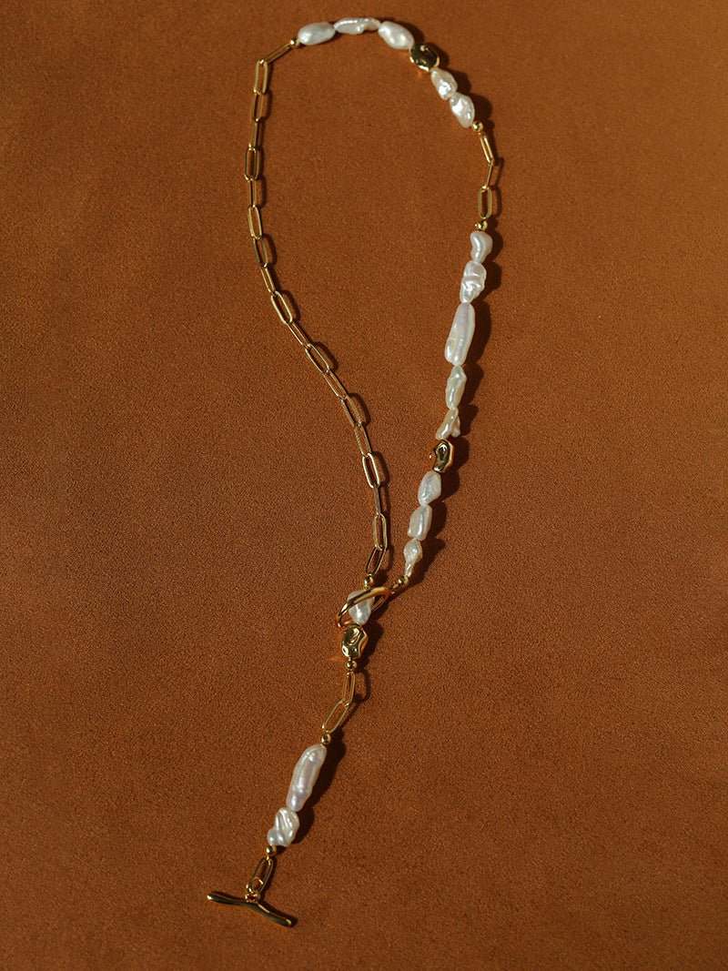 Irregular Freshwater Pearl & Paperclip Chain Toggle Necklace - floysun
