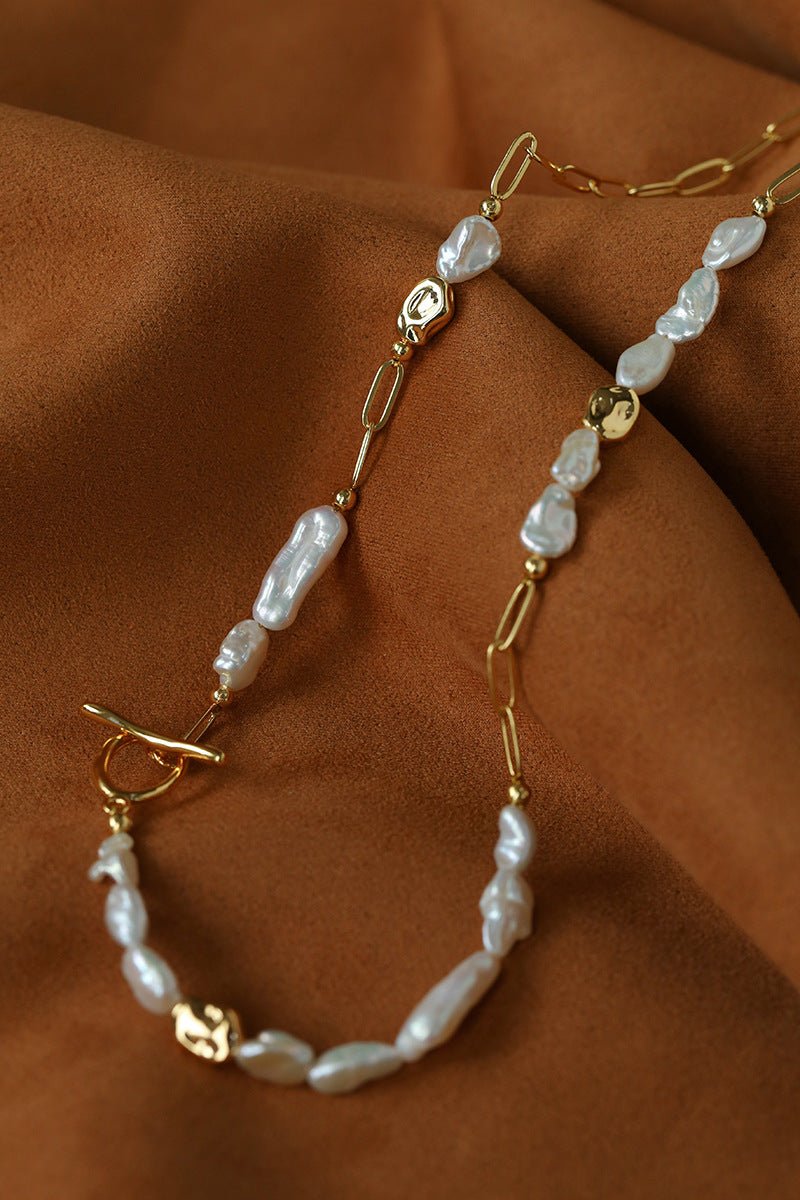 Irregular Freshwater Pearl & Paperclip Chain Toggle Necklace - floysun
