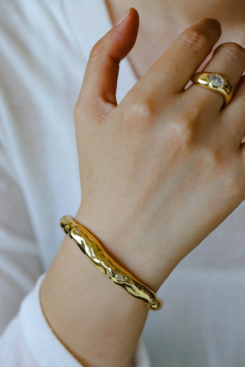 Irregular Liquid Hammered Cubic Zirconia Open Cuff Bracelet - floysun