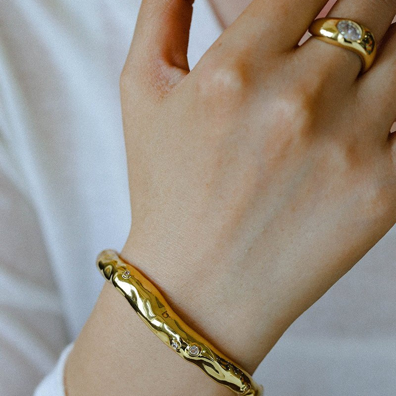 Irregular Liquid Hammered Cubic Zirconia Open Cuff Bracelet - floysun