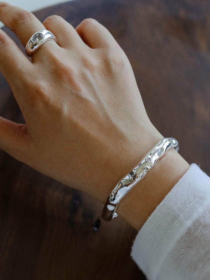 Irregular Liquid Hammered Cubic Zirconia Open Cuff Bracelet - floysun