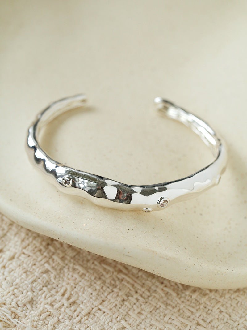 Irregular Liquid Hammered Cubic Zirconia Open Cuff Bracelet - floysun
