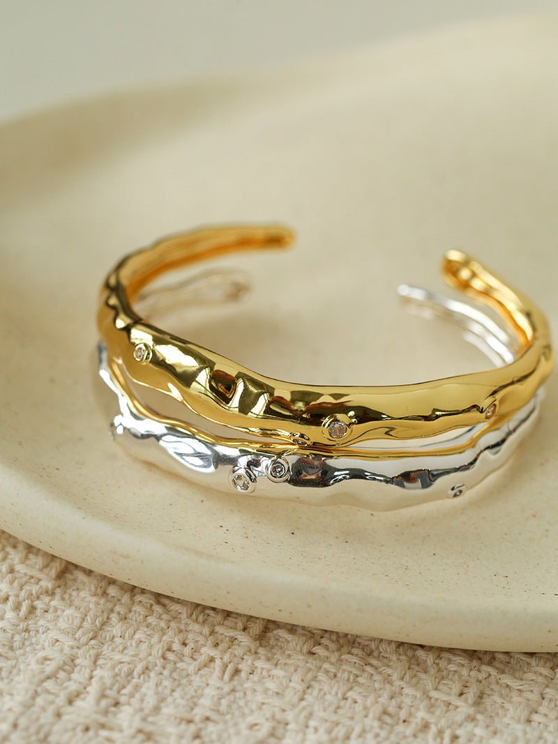 Irregular Liquid Hammered Cubic Zirconia Open Cuff Bracelet - floysun
