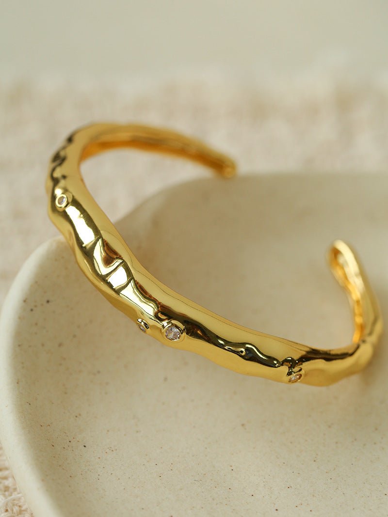 Irregular Liquid Hammered Cubic Zirconia Open Cuff Bracelet - floysun