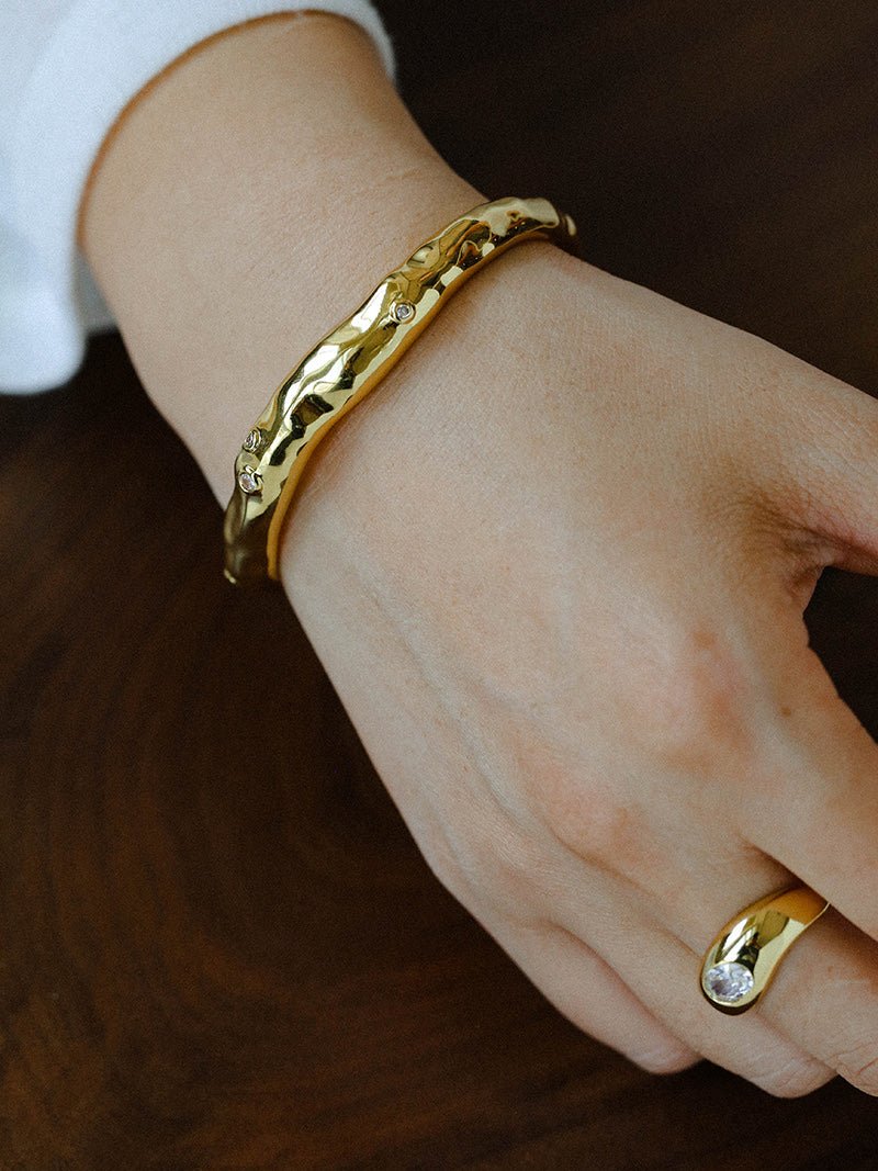 Irregular Liquid Hammered Cubic Zirconia Open Cuff Bracelet - floysun