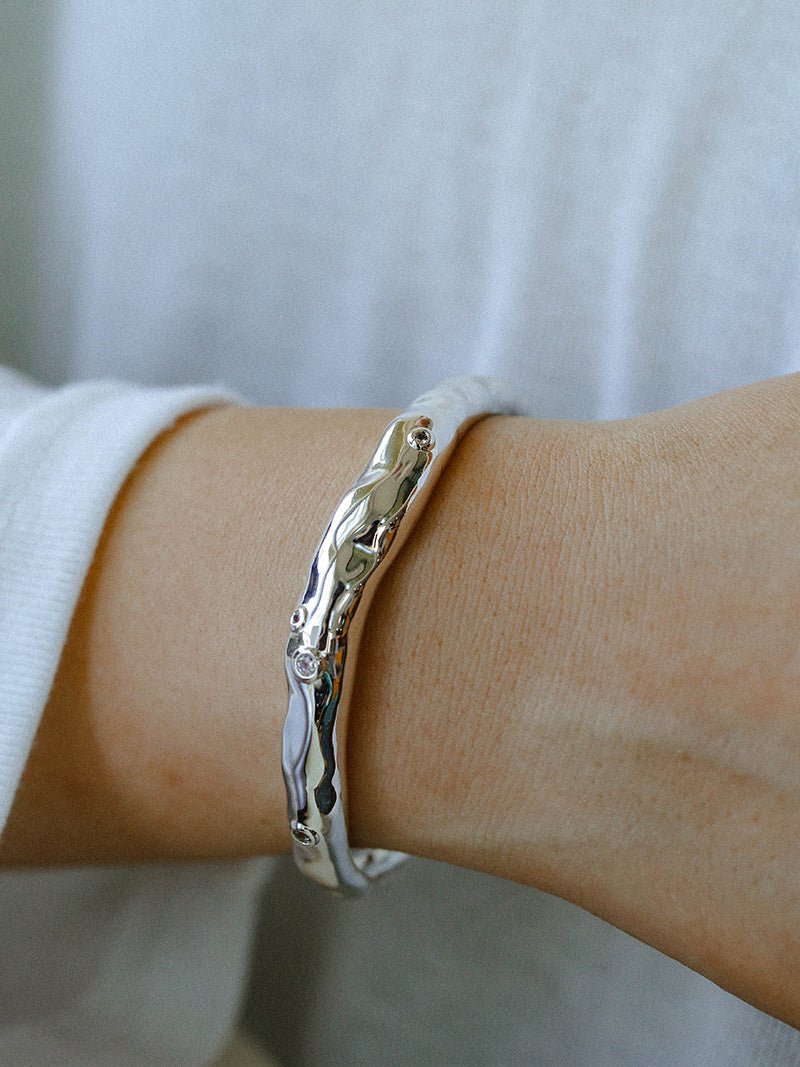 Irregular Liquid Hammered Cubic Zirconia Open Cuff Bracelet - floysun