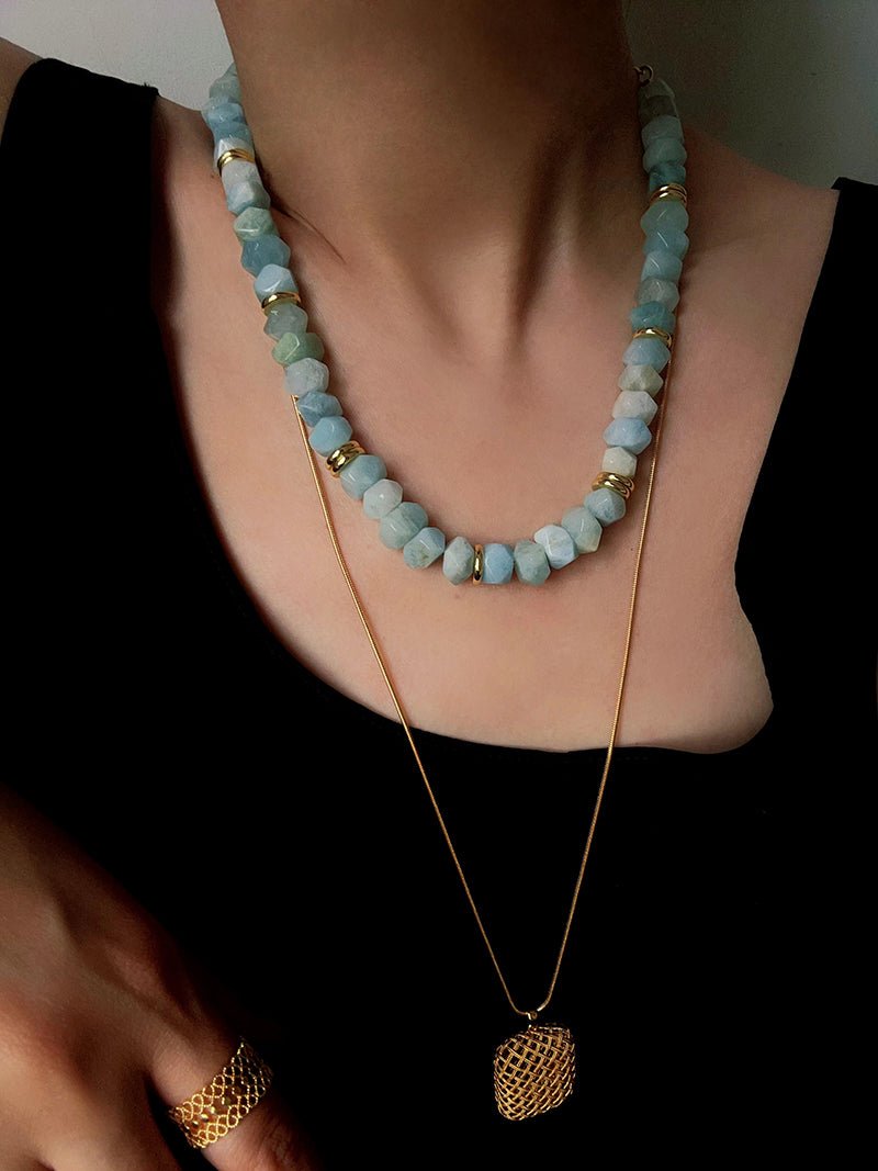 Irregular Raw Aquamarine Beaded Necklace - floysun