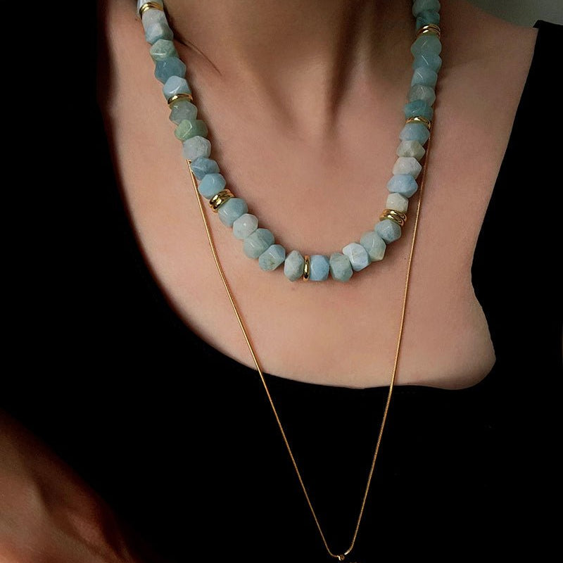 Irregular Raw Aquamarine Beaded Necklace - floysun