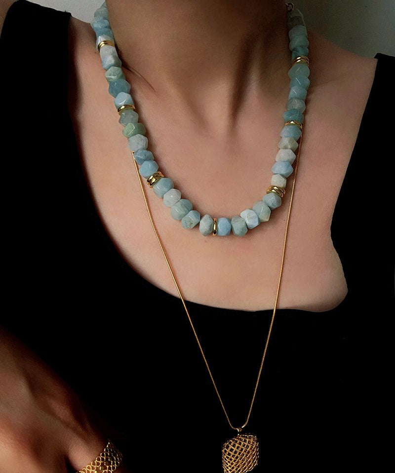 Irregular Raw Aquamarine Beaded Necklace - floysun
