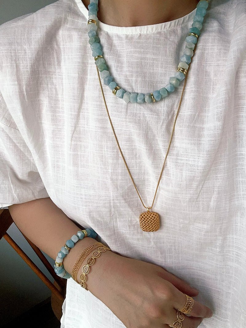 Irregular Raw Aquamarine Beaded Necklace - floysun