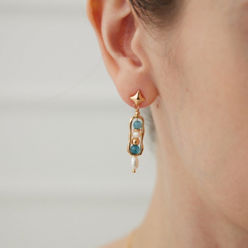 Irregular Rectangular Surrounding Pendant Earrings with Amazonite and Pearl - floysun