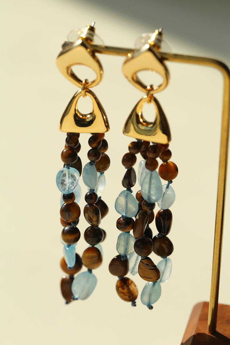 Irregular Tiger’s Eye & Aquamarine Tassel Earrings - floysun