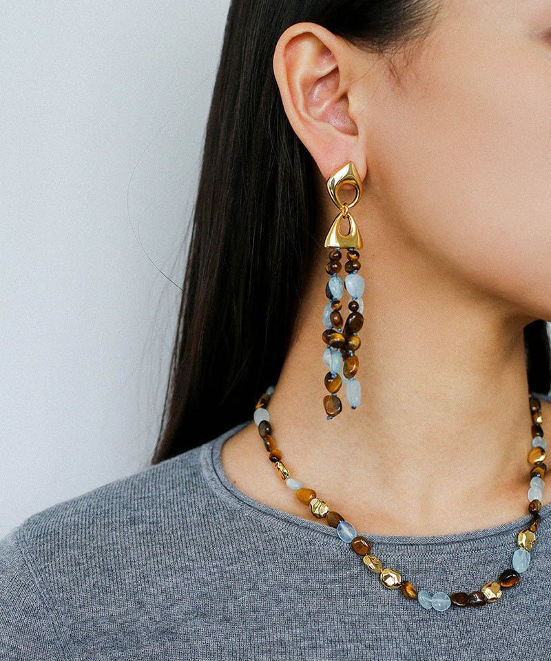 Irregular Tiger’s Eye & Aquamarine Tassel Earrings - floysun