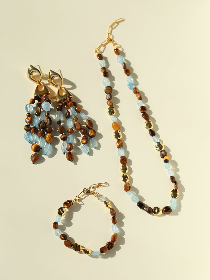 Irregular Tiger’s Eye & Aquamarine Tassel Earrings - floysun