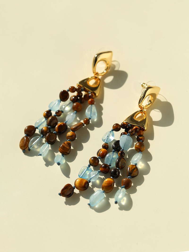 Irregular Tiger’s Eye & Aquamarine Tassel Earrings - floysun