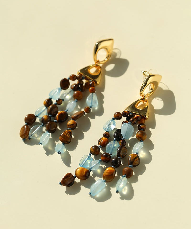 Irregular Tiger’s Eye & Aquamarine Tassel Earrings - floysun