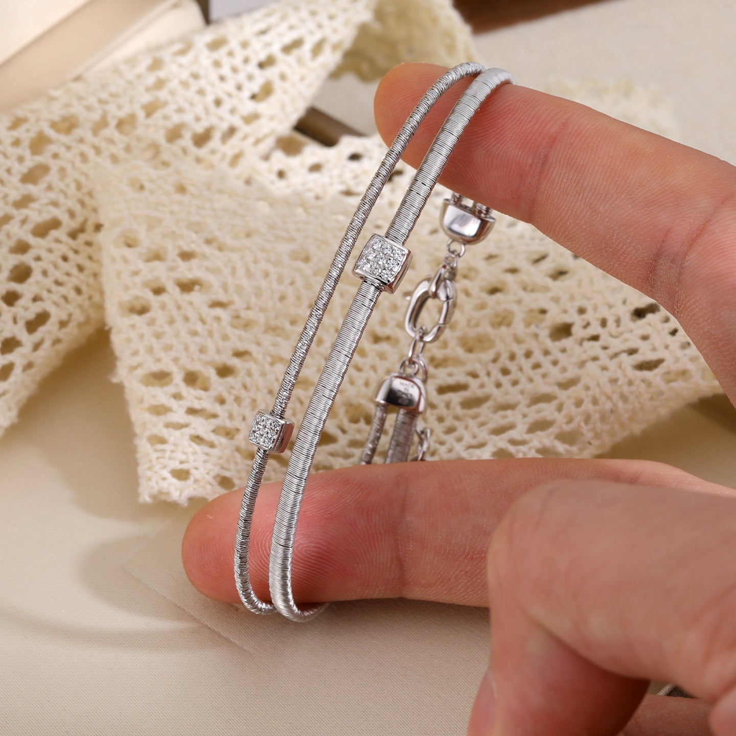 Italian Artisan Wire Handmade 925 Sterling Silver Bracelet | Layered Design with CZ Accents - floysun