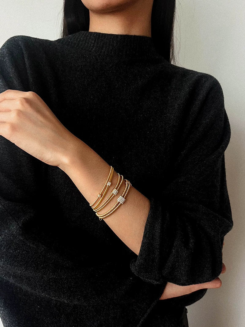 Italian Artisan Wire Handmade 925 Sterling Silver Bracelet | Layered Design with CZ Accents - floysun