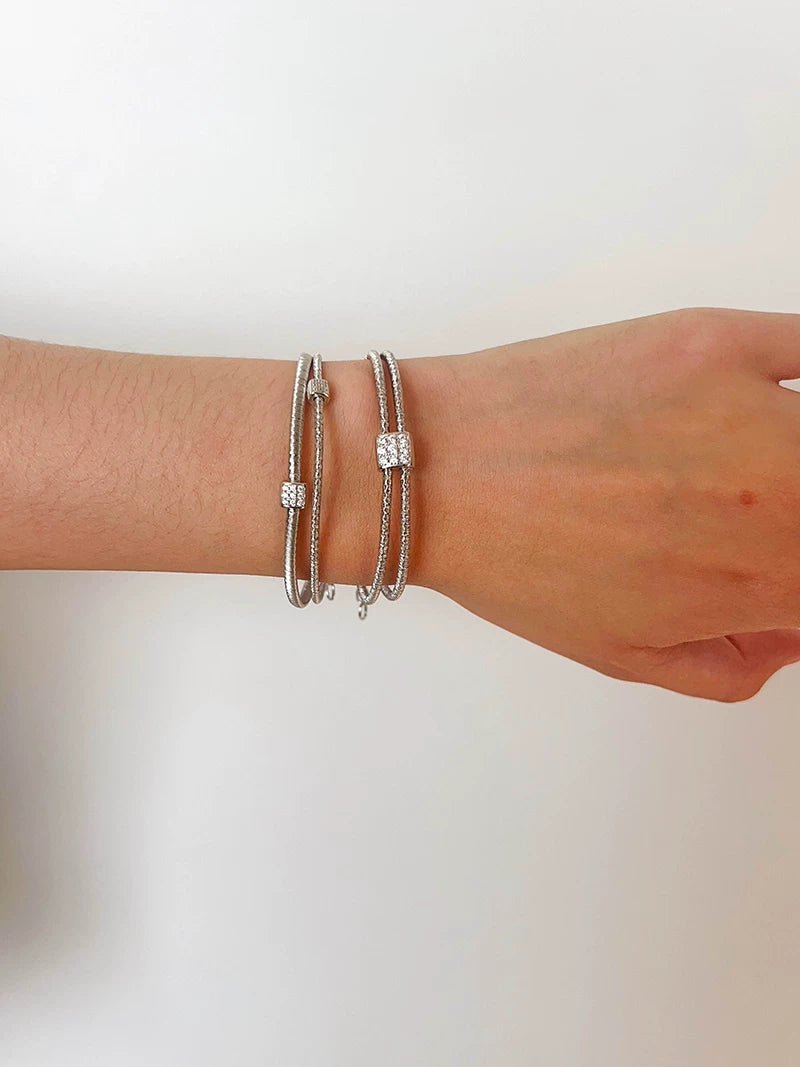 Italian Artisan Wire Handmade 925 Sterling Silver Bracelet | Layered Design with CZ Accents - floysun