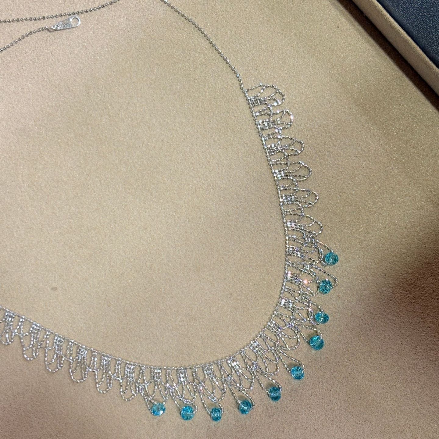 Italian Lace Blue Crystal Chandelier Necklace - Handcrafted Ocean Drop Choker - floysun