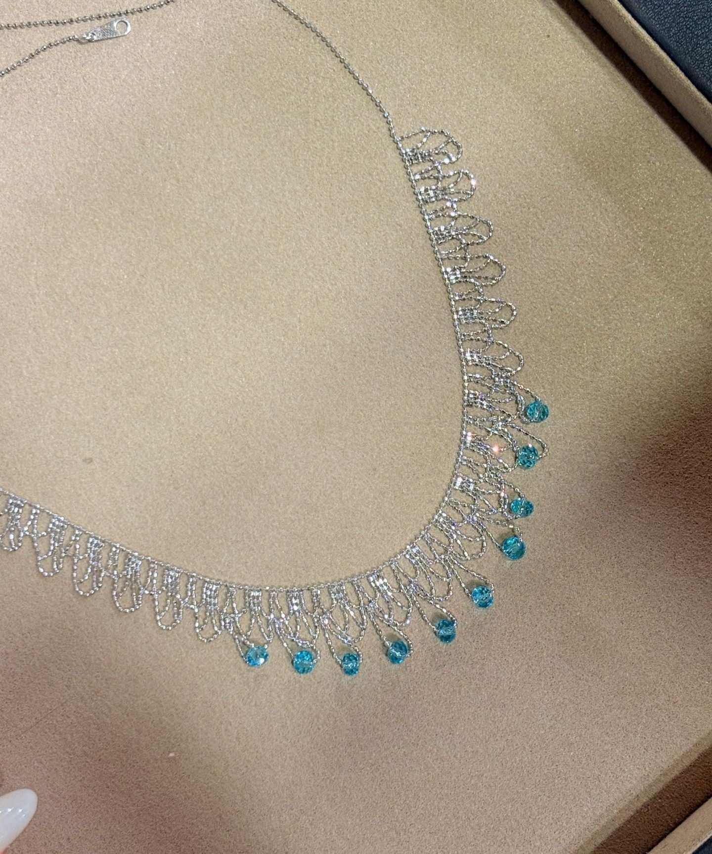 Italian Lace Blue Crystal Chandelier Necklace - Handcrafted Ocean Drop Choker - floysun
