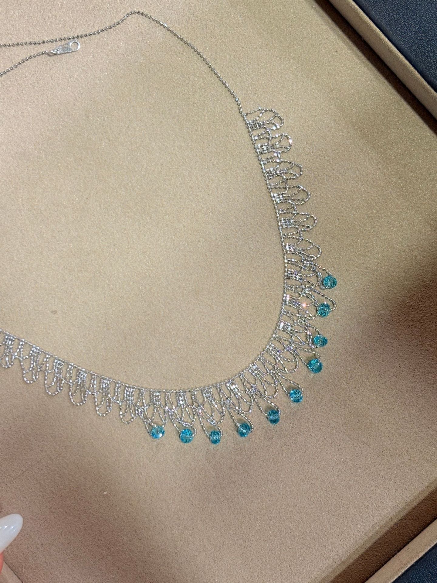 Italian Lace Blue Crystal Chandelier Necklace - Handcrafted Ocean Drop Choker - floysun