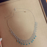 Italian Lace Blue Crystal Chandelier Necklace - Handcrafted Ocean Drop Choker - floysun