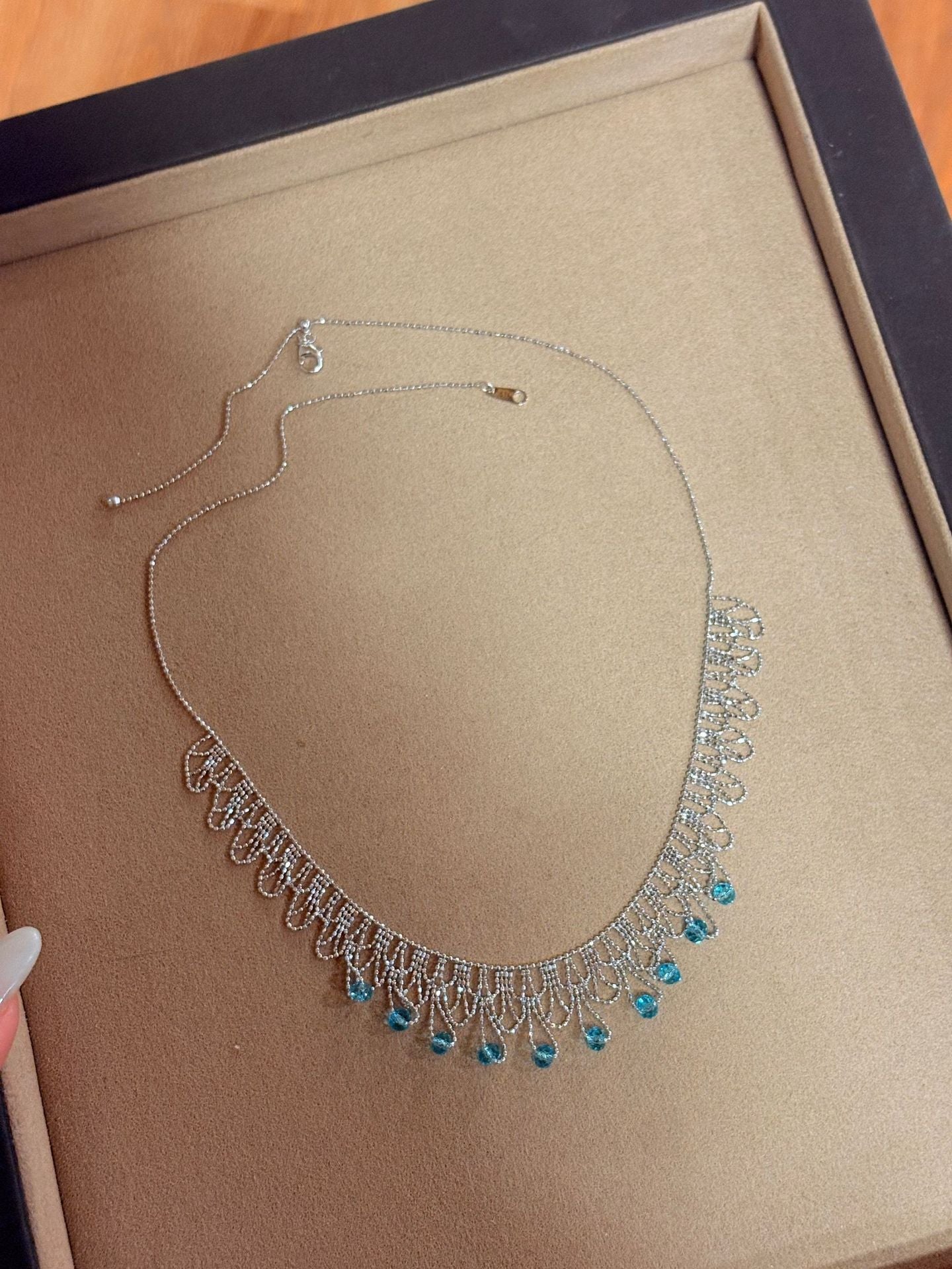 Italian Lace Blue Crystal Chandelier Necklace - Handcrafted Ocean Drop Choker - floysun
