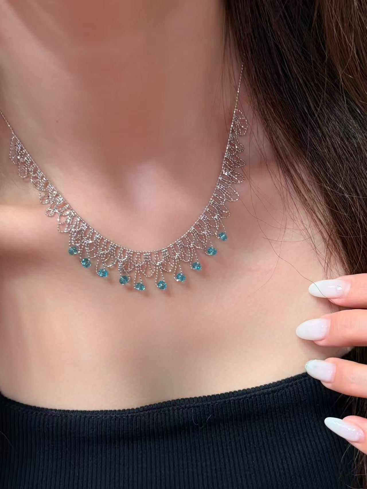 Italian Lace Blue Crystal Chandelier Necklace - Handcrafted Ocean Drop Choker - floysun