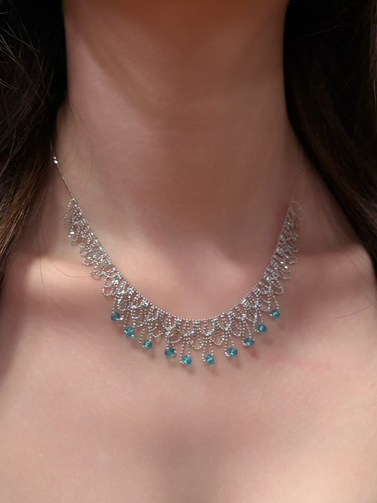 Italian Lace Blue Crystal Chandelier Necklace - Handcrafted Ocean Drop Choker - floysun