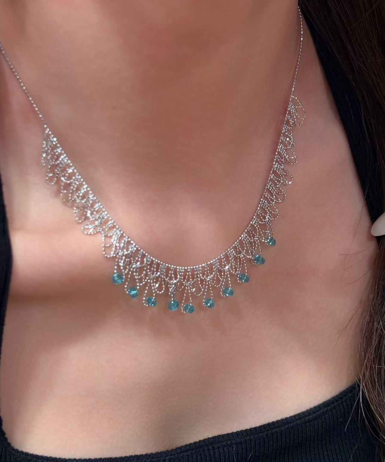 Italian Lace Blue Crystal Chandelier Necklace - Handcrafted Ocean Drop Choker - floysun