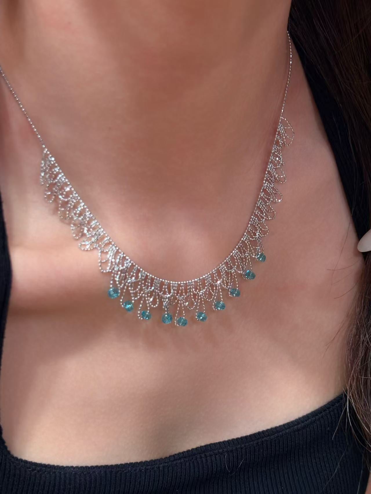 Italian Lace Blue Crystal Chandelier Necklace - Handcrafted Ocean Drop Choker - floysun