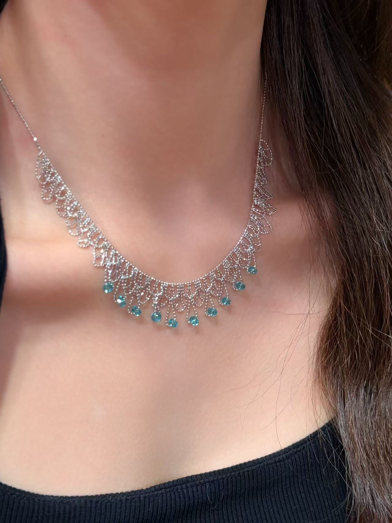Italian Lace Blue Crystal Chandelier Necklace - Handcrafted Ocean Drop Choker - floysun