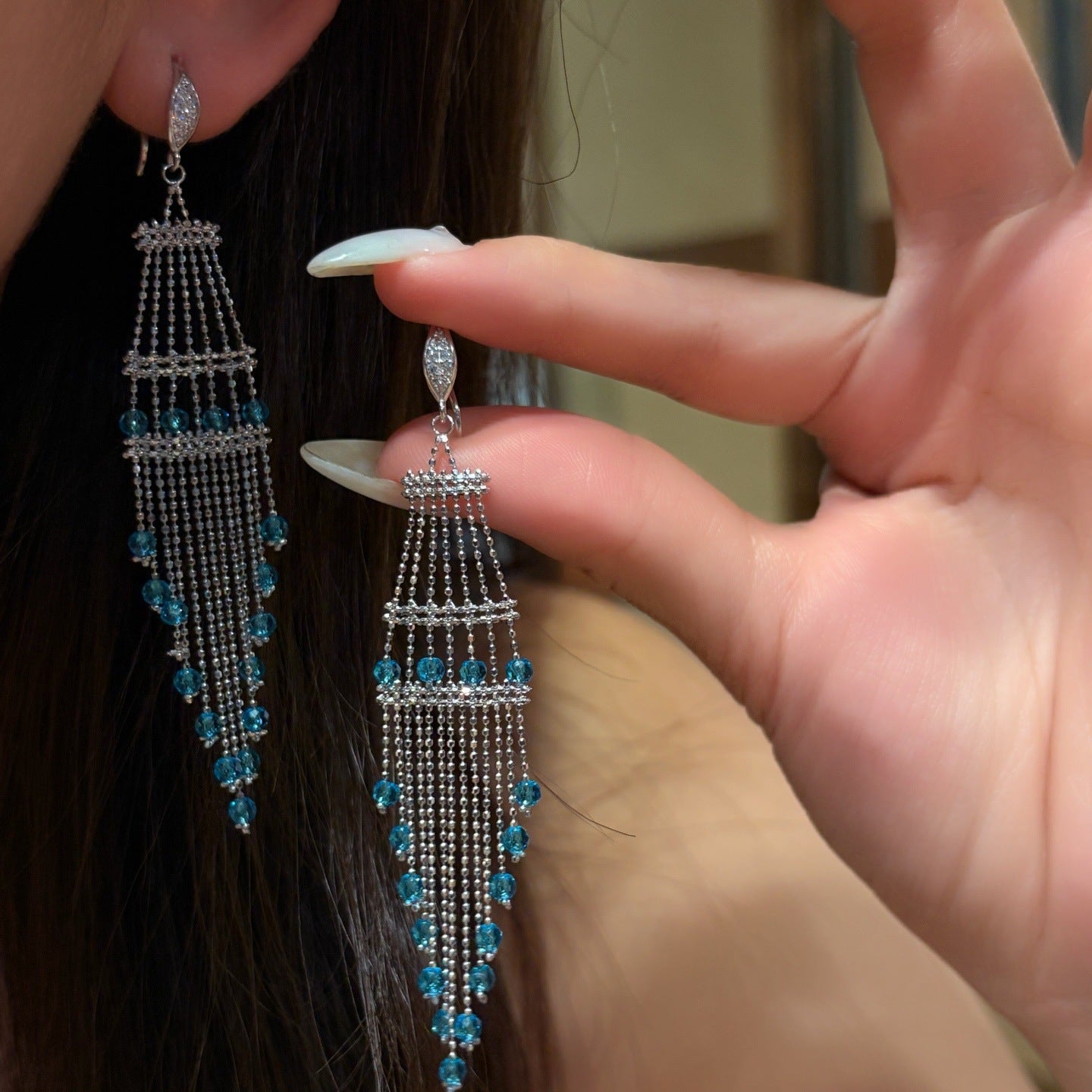 Italian Lace Crystal Tassel Earrings - Handcrafted S925 Sterling Silver Baroque Chandelier Earrings - floysun