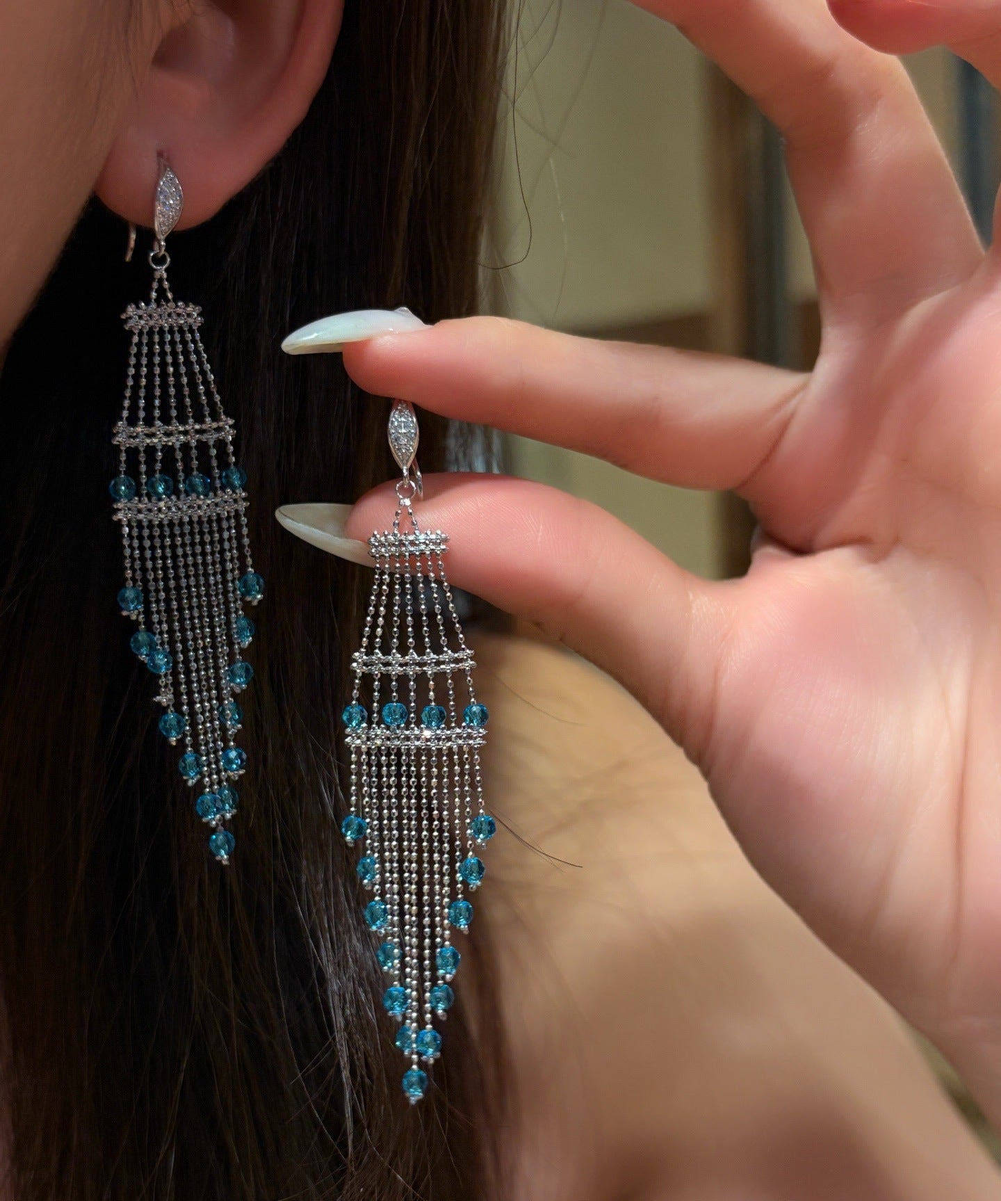 Italian Lace Crystal Tassel Earrings - Handcrafted S925 Sterling Silver Baroque Chandelier Earrings - floysun