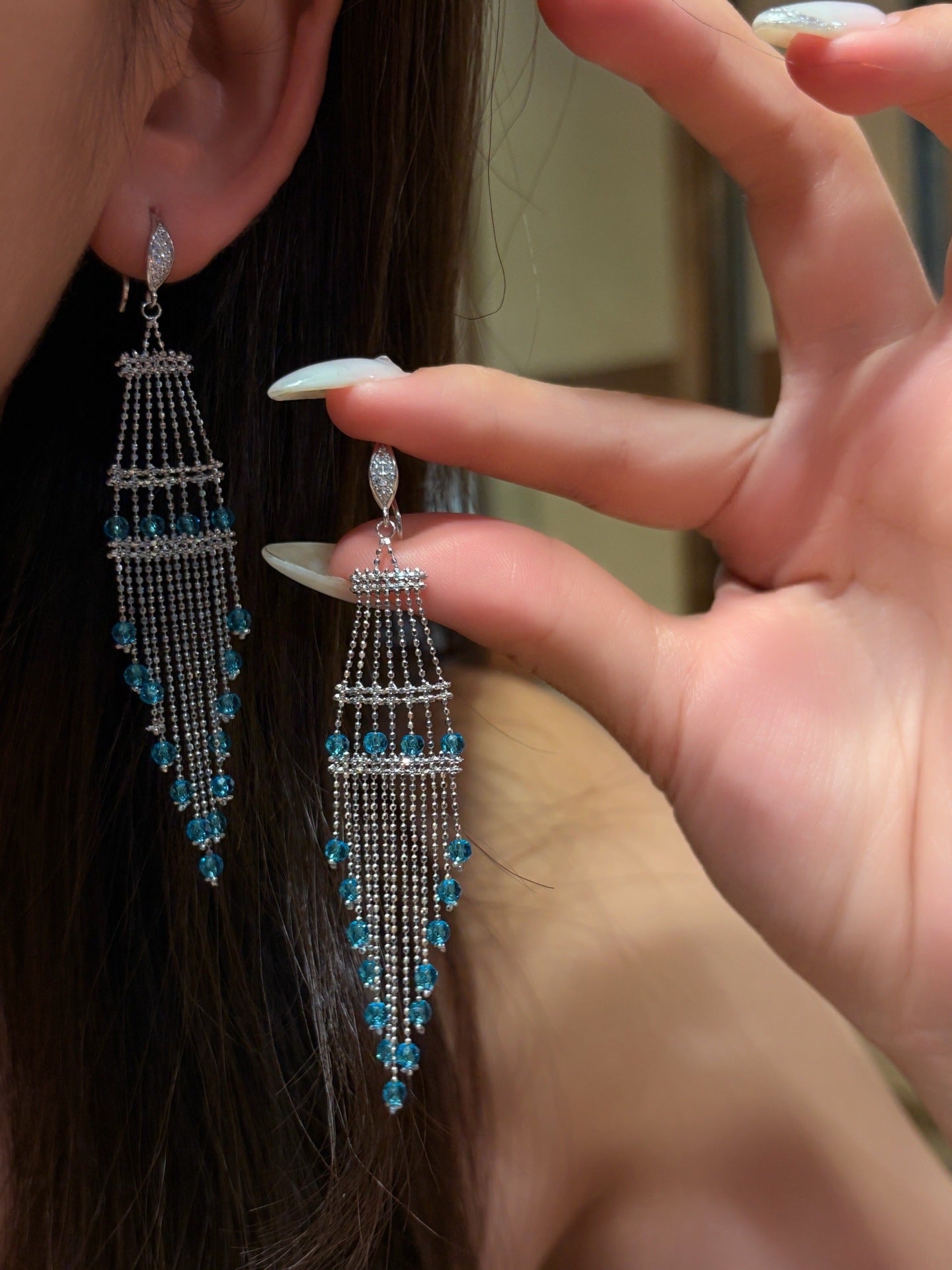 Italian Lace Crystal Tassel Earrings - Handcrafted S925 Sterling Silver Baroque Chandelier Earrings - floysun